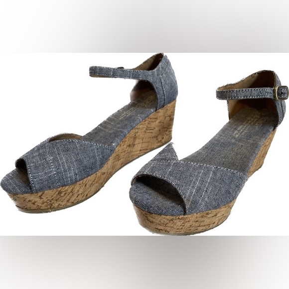 Toms Chambray Denim & Cork Platform Peep Toe Wedge - Picture 2 of 6